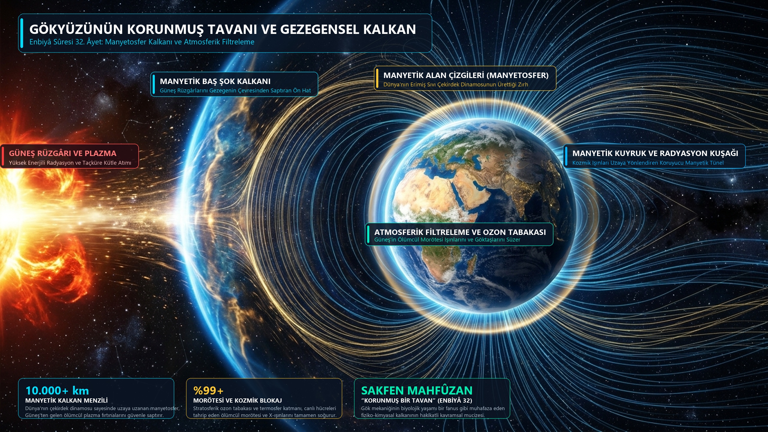Gökyüzünün Korunmuş Tavanı ve Gezegensel Kalkan: Enbiyâ Sûresi 32. Âyet, Manyetosfer Dinamosu ve Atmosferik Filtreleme