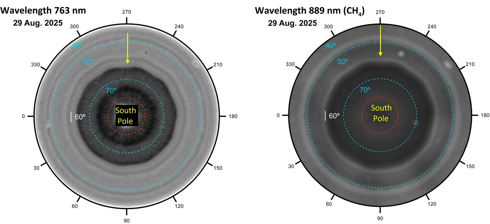 Polar projections of Saturn’s southern hemisphere at two wavelengths: red at 763 nm and a methane absorption filter at 889 nm. The decagon is indicated by a yellow arrow. The dashed lines show the circles of latitude in blue, with their values indicated. Images obtained on 29 August 2025 by the Hubble Space Telescope.