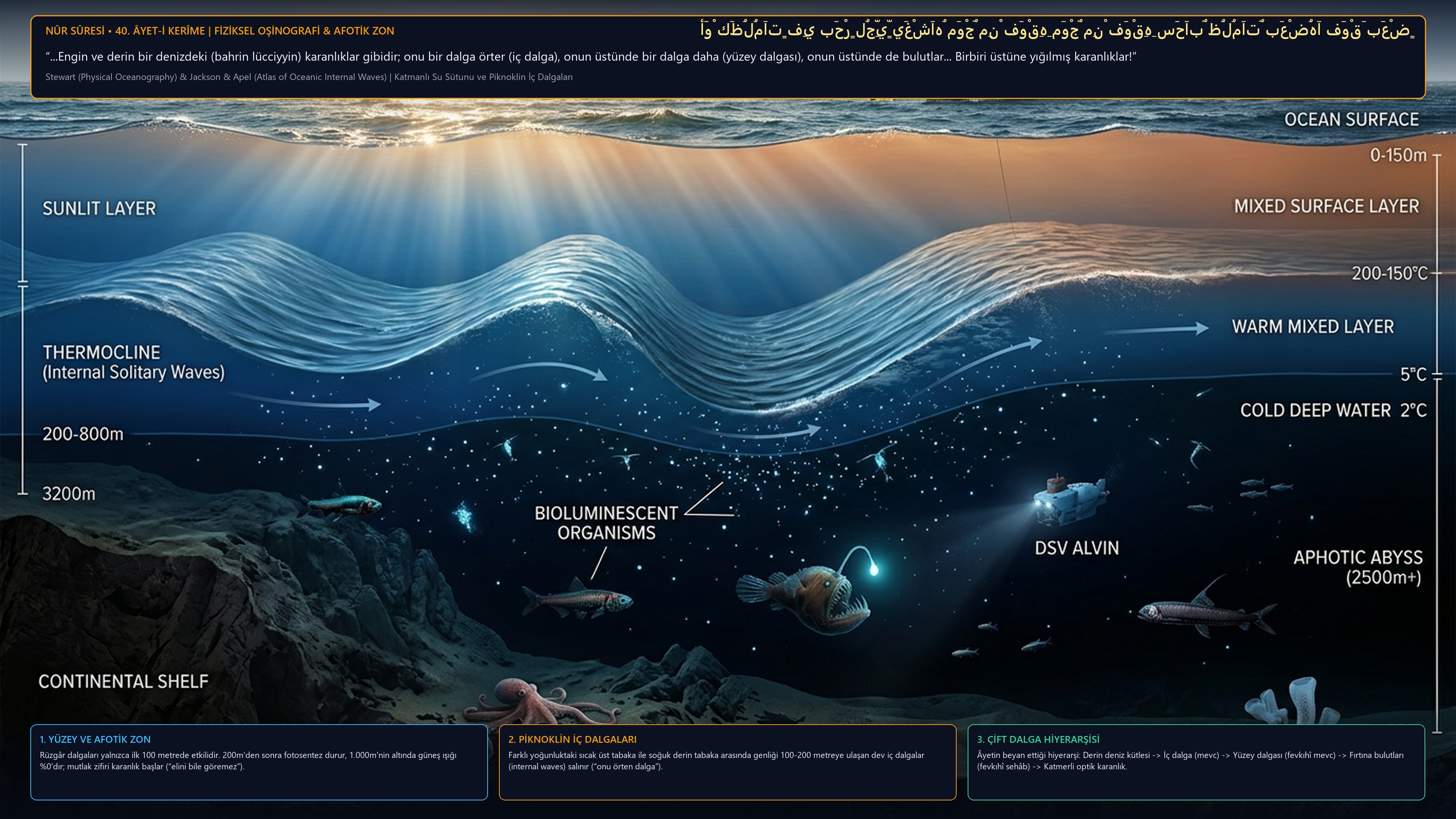 Okyanus İç Dalgaları ve Afotik Karanlık Katmanları 4K Türkçe İnfografik