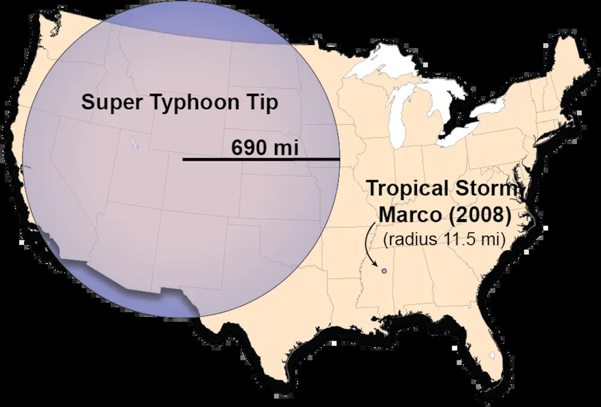 A map shows the difference in size between the largest tropical storm, Tip, which took up half the Lower 48 states, and Marcos, which was about the size of New York City.