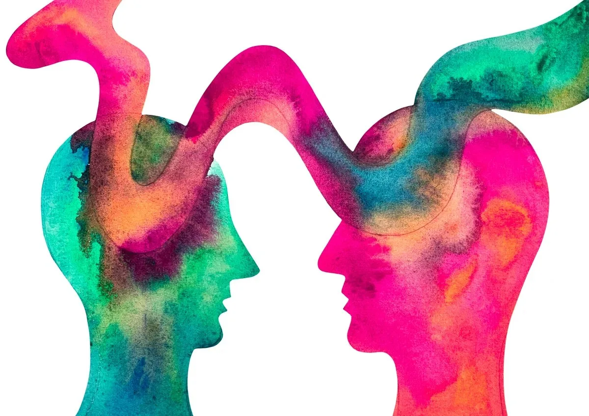 Two heads in watercolor multicolor illustration