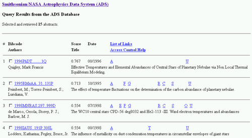 بحث results page from ADS – A, F, G, C, R etc. are links to associated data for each abstract such as full-text article, citations, also-read papers and so on.