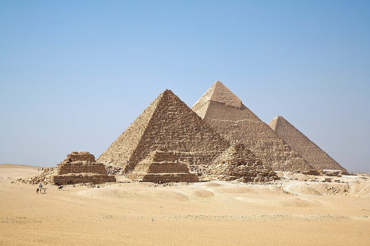 Giza Pyramid complex in Egypt. Built during the Fourth Dynasty of the Old Kingdom of ancient Egypt, between c. 2600 – c. 2500 BC.